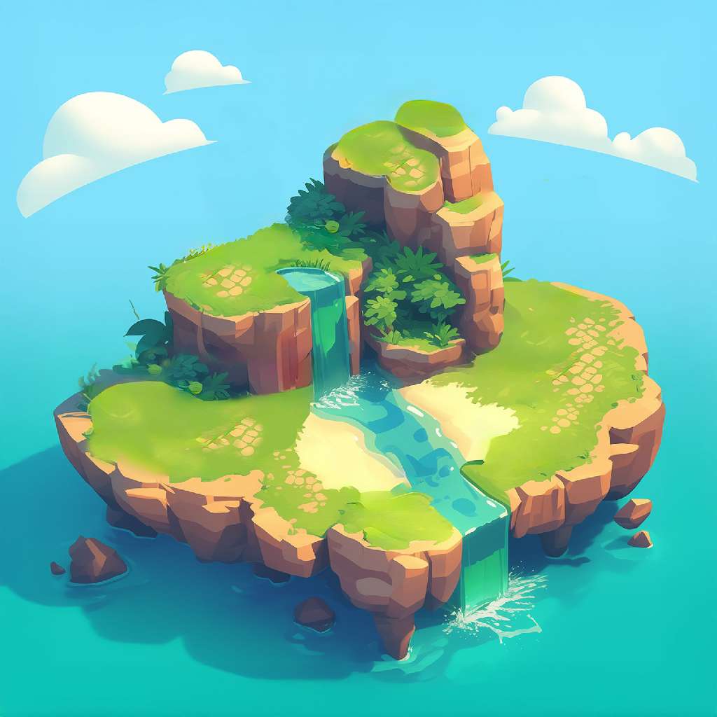 A cartoon island with a waterfall and greenery