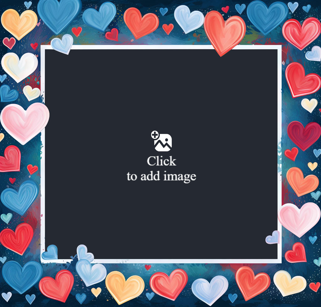 A white-framed black rectangle surrounded by a border of colorful hearts