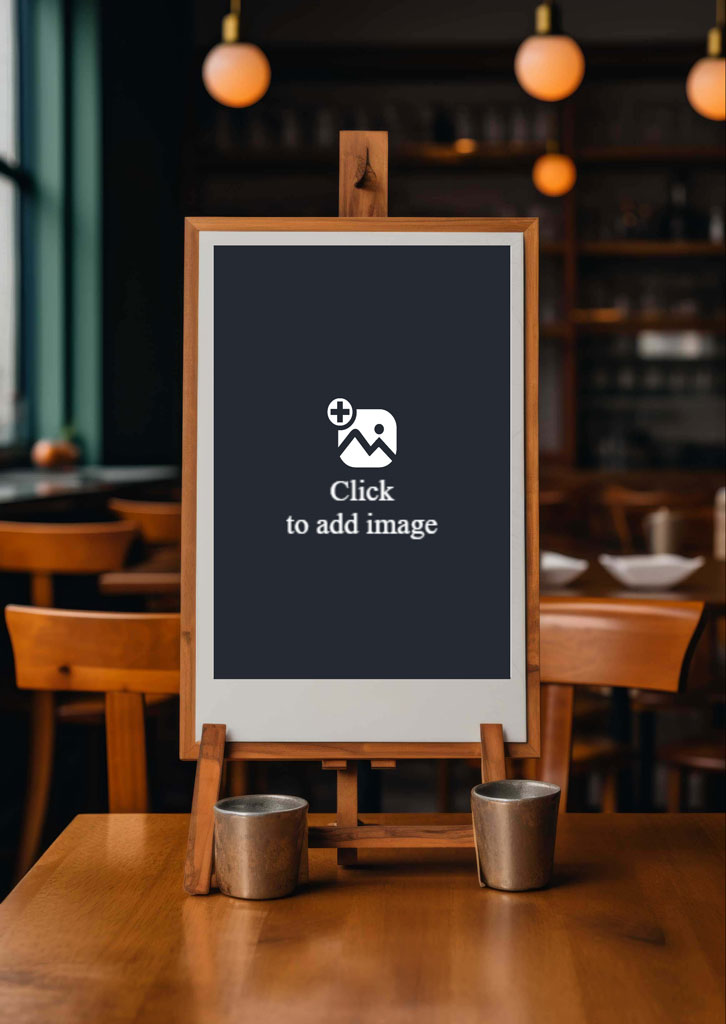 Wooden menu board on an easel with metal containers on a table in a restaurant.