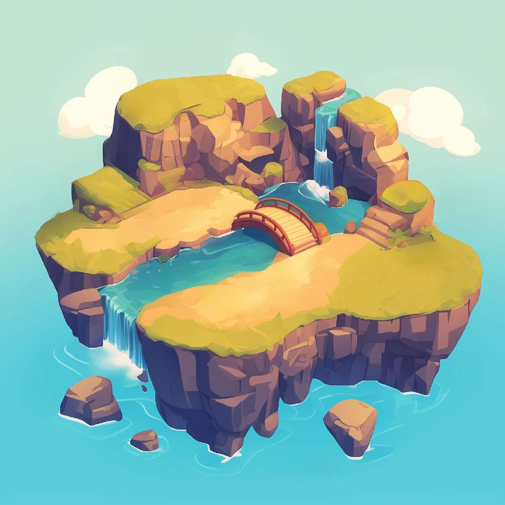 A cartoon island with a river flowing through it and a small wooden bridge.