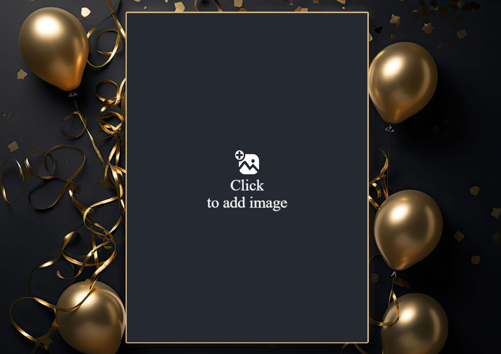 A smiling family with a child in the middle, surrounded by gold balloons and decorations.