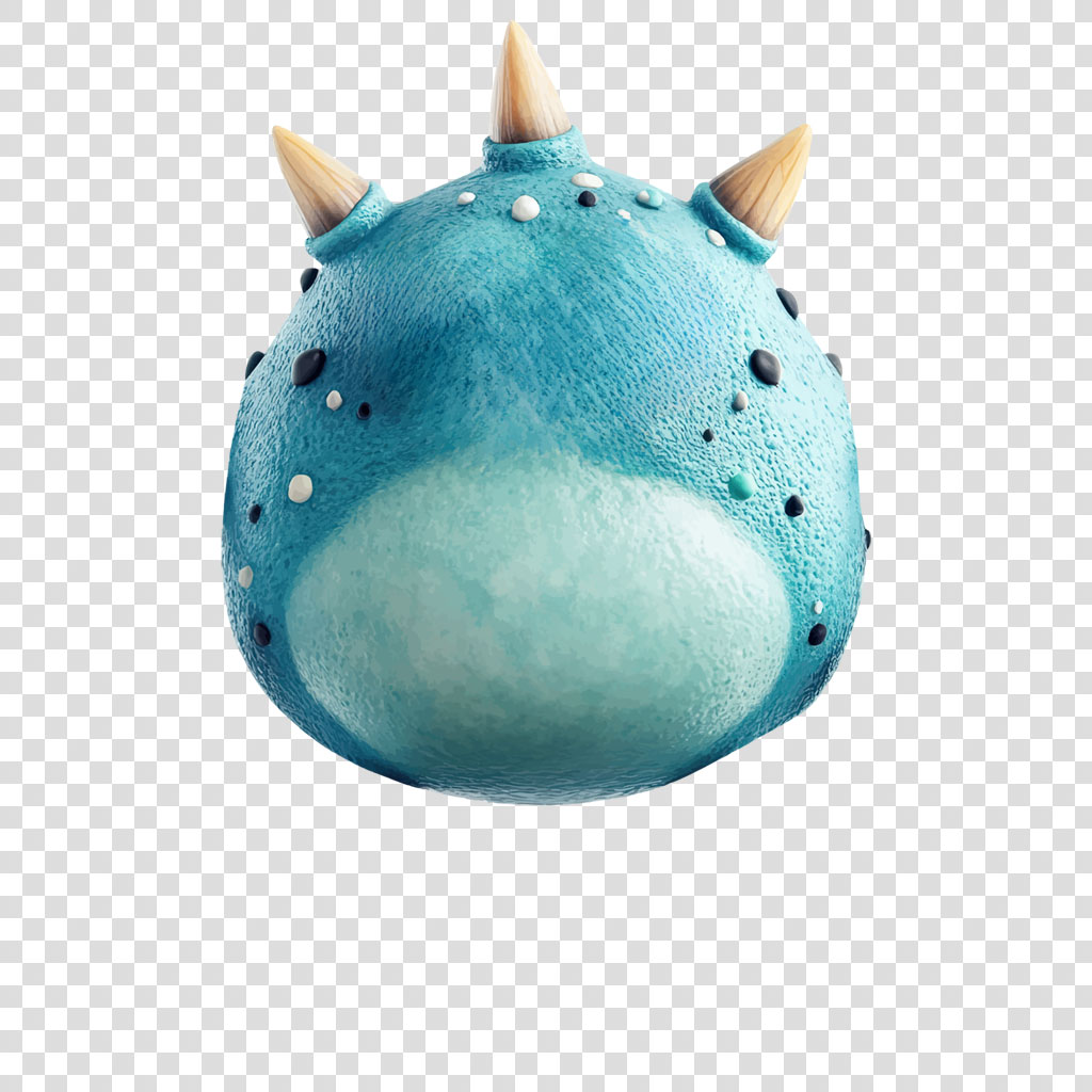 A blue plush toy monster with two horns and black and white spots