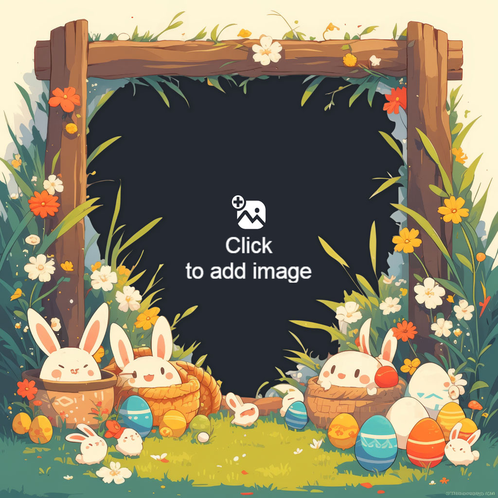 Cartoon Easter bunnies in baskets surrounded by colorful eggs and flowers