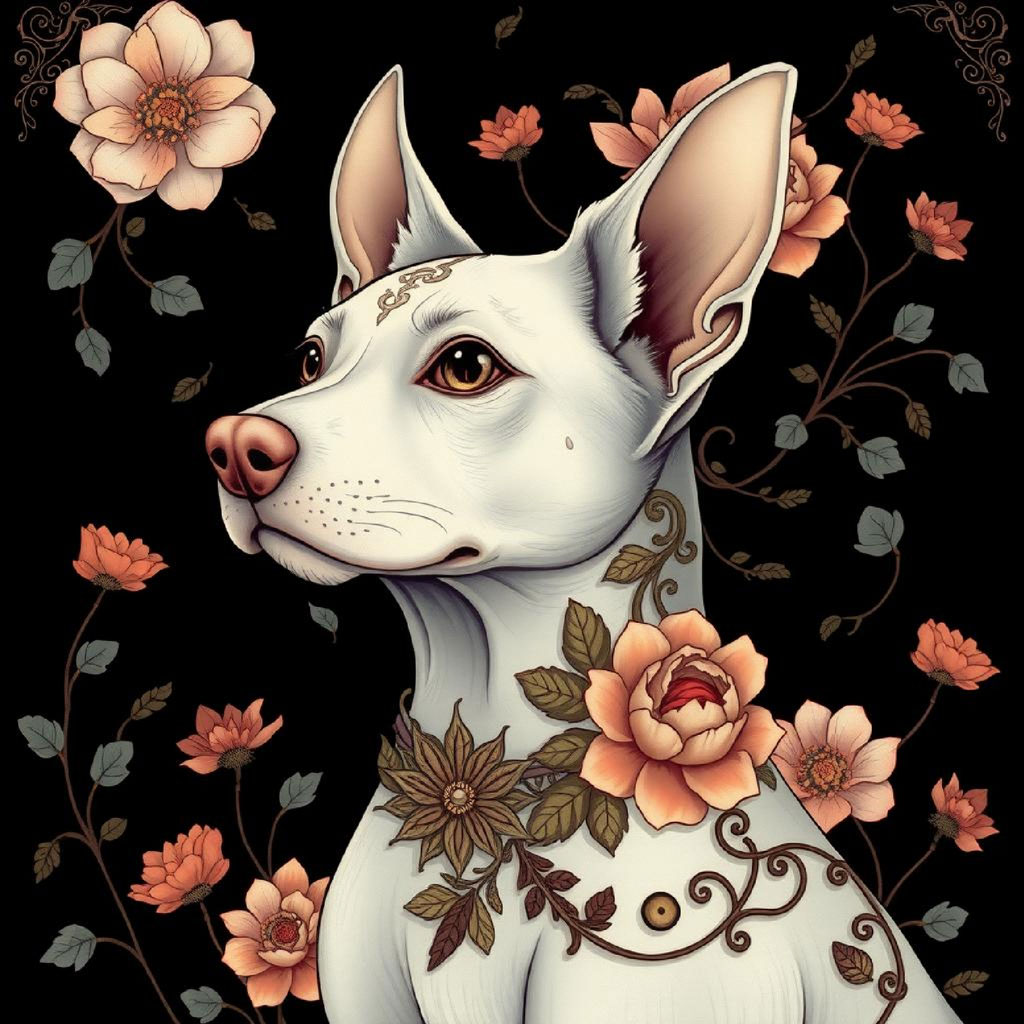 Illustration of a woman in a floral dress with wings, under a starry sky with a full moon.