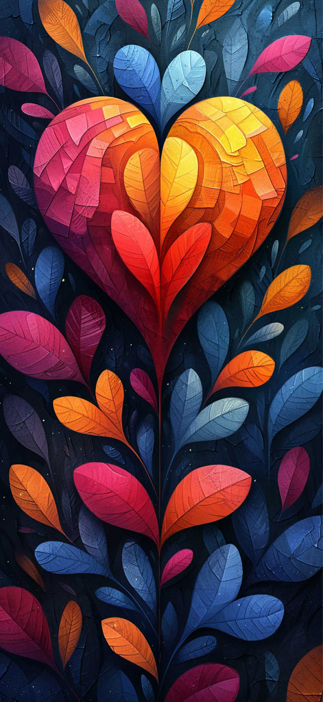 A heart-shaped mosaic of leaves in shades of red, orange, and blue against a dark background.