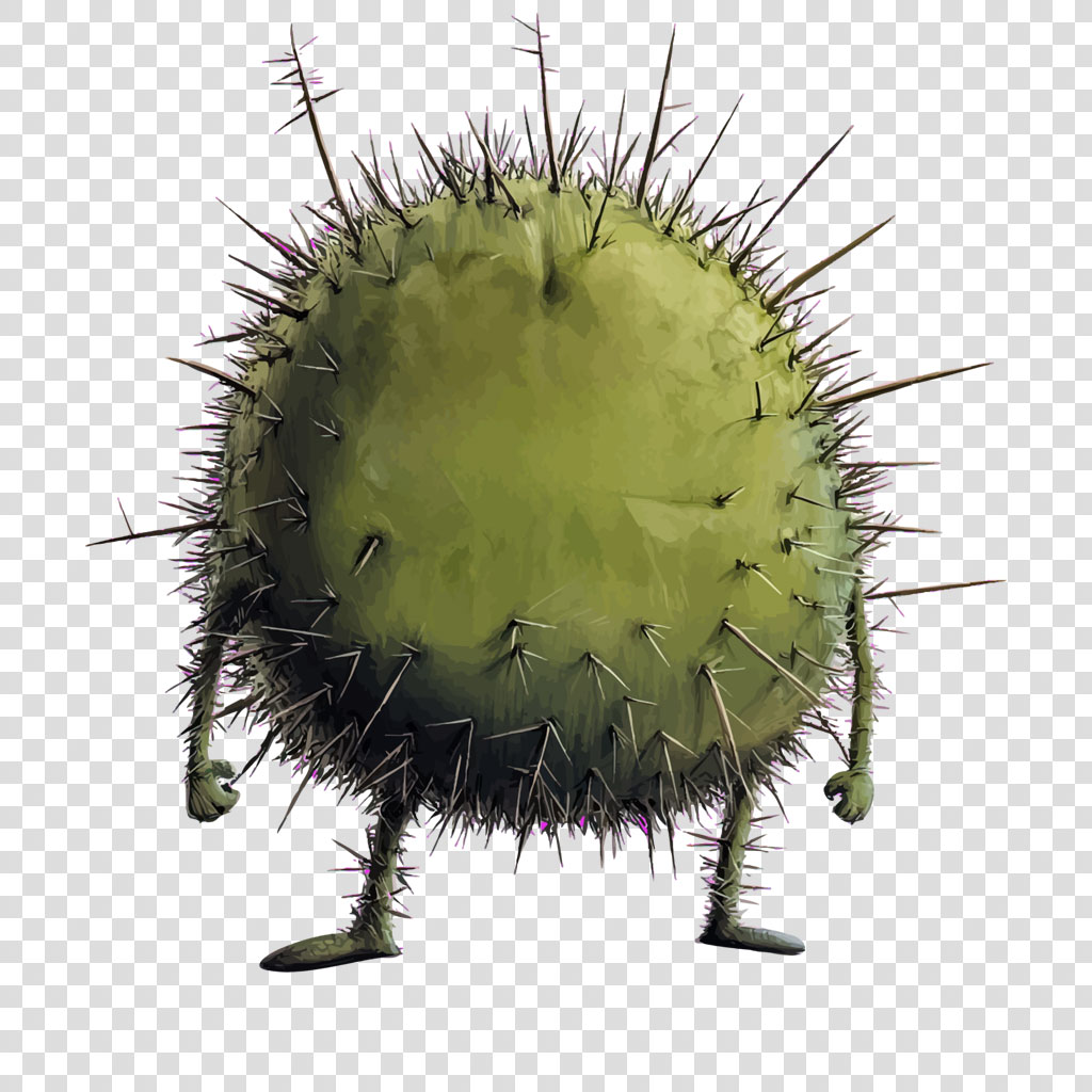 A cartoon cactus with a round body covered in sharp spines and two legs.