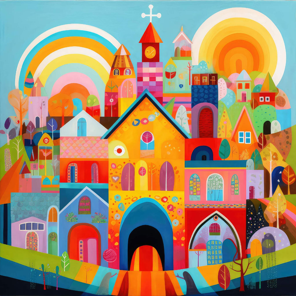 Colorful illustration of a school village with the text 'Back to School'