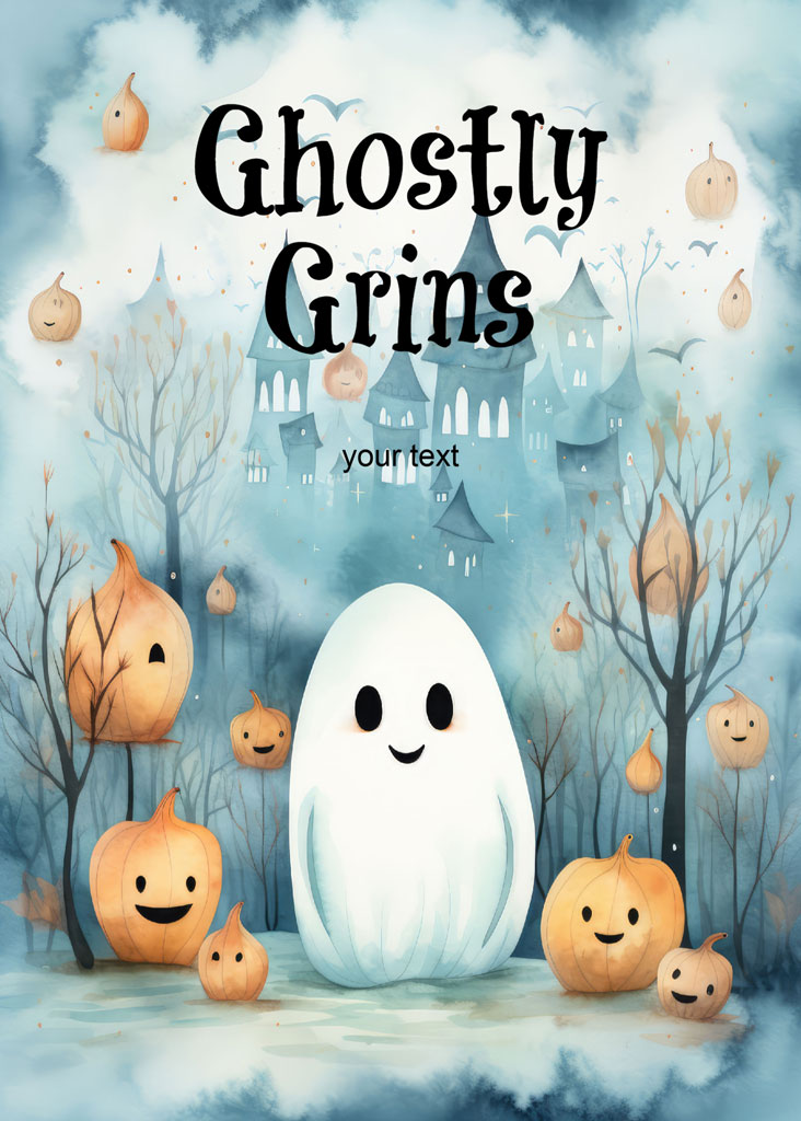 A friendly ghost with smiling pumpkins in a mystical forest with a castle