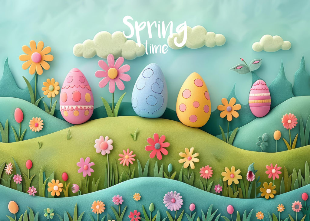 Colorful Easter eggs and flowers in a whimsical spring scene