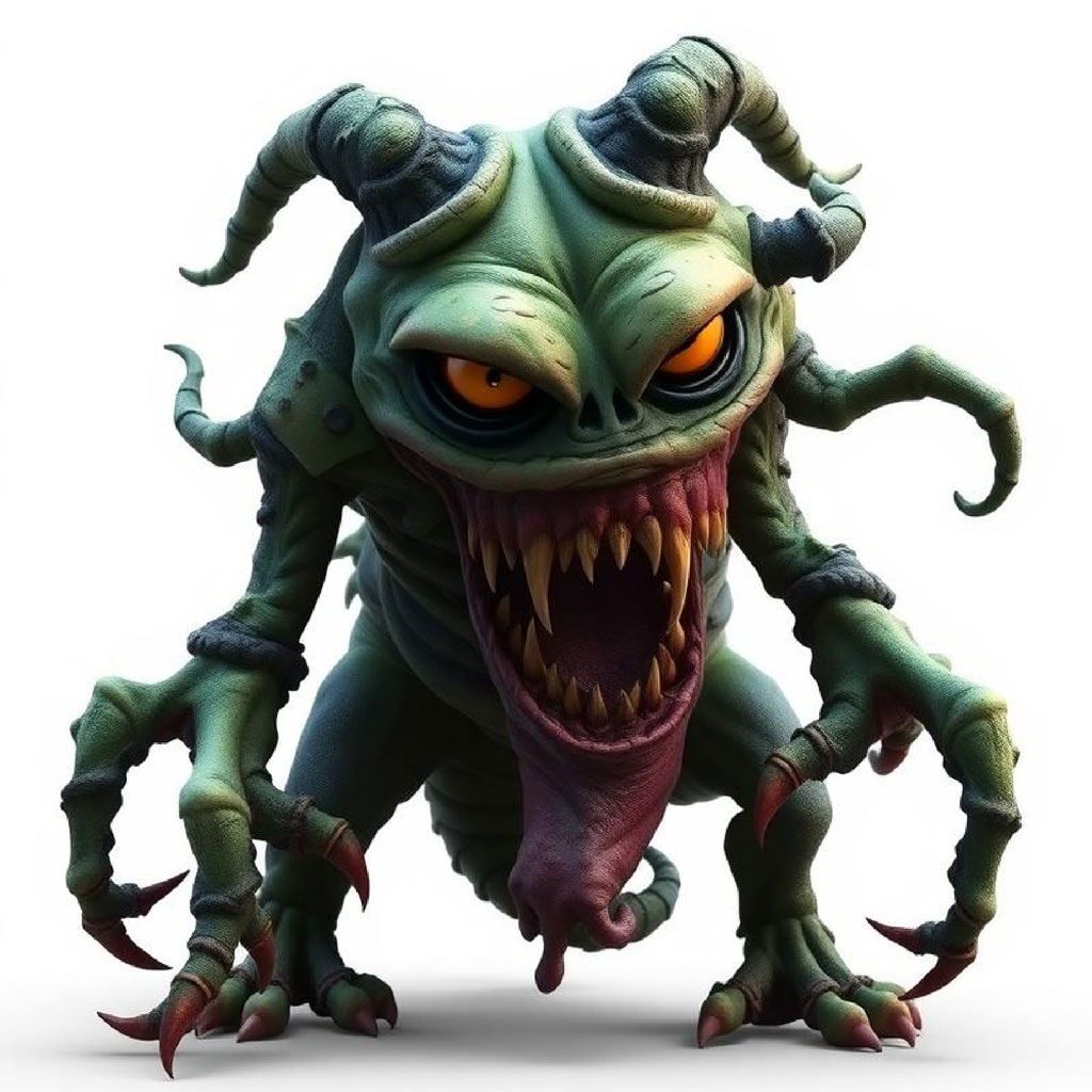 A 3D rendering of a green, horned monster with sharp teeth and claws