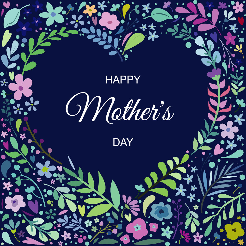 A floral wreath surrounding 'Happy Mother's Day' text on a dark blue background.