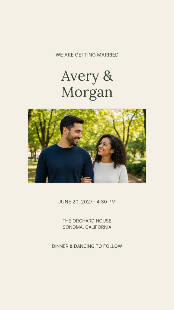 Cream wedding story template with couple photo, names, date, and venue text.