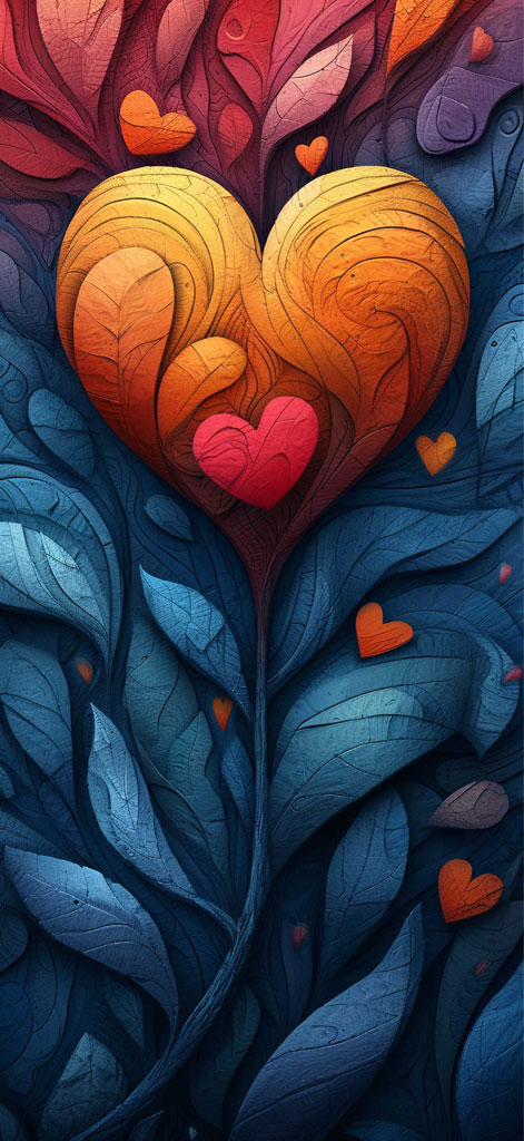 A large heart with a smaller heart inside, surrounded by blue and colorful leaves.