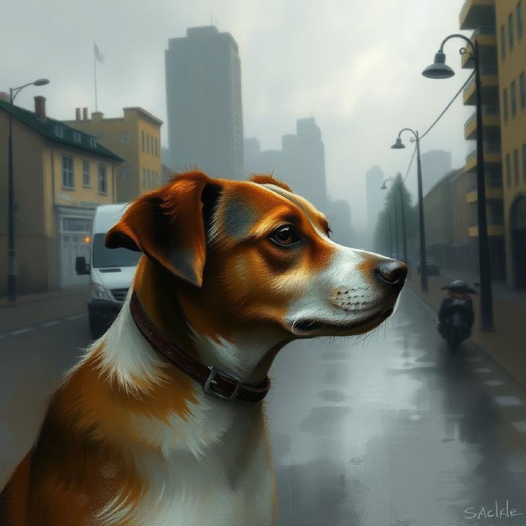 A digital painting of a woman with dark hair and red lips in a foggy city environment.