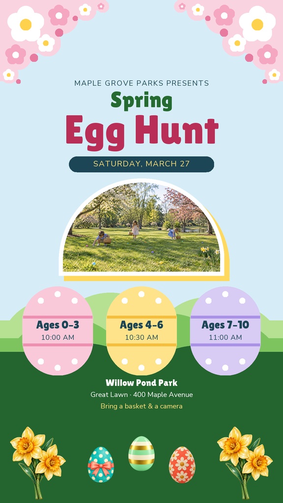 Instagram Story template with pink flowers, a park photo, pastel egg circles, and spring event details.