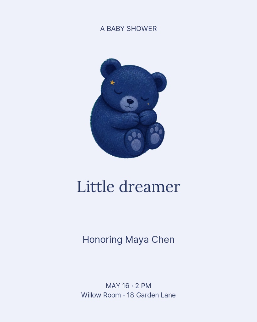 Blue teddy bear illustration with Little Dreamer baby shower text on a portrait invitation layout