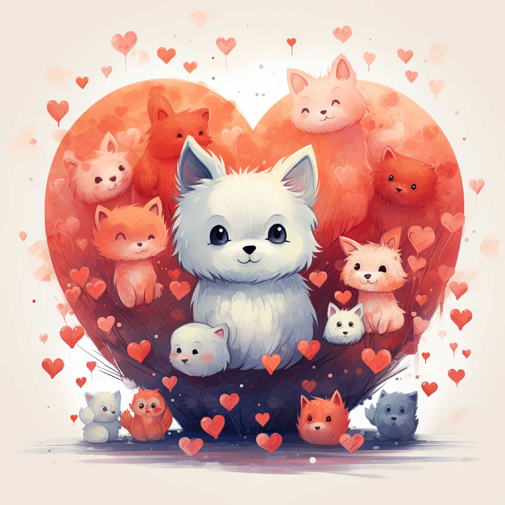 Illustration of a white dog with cats around a heart