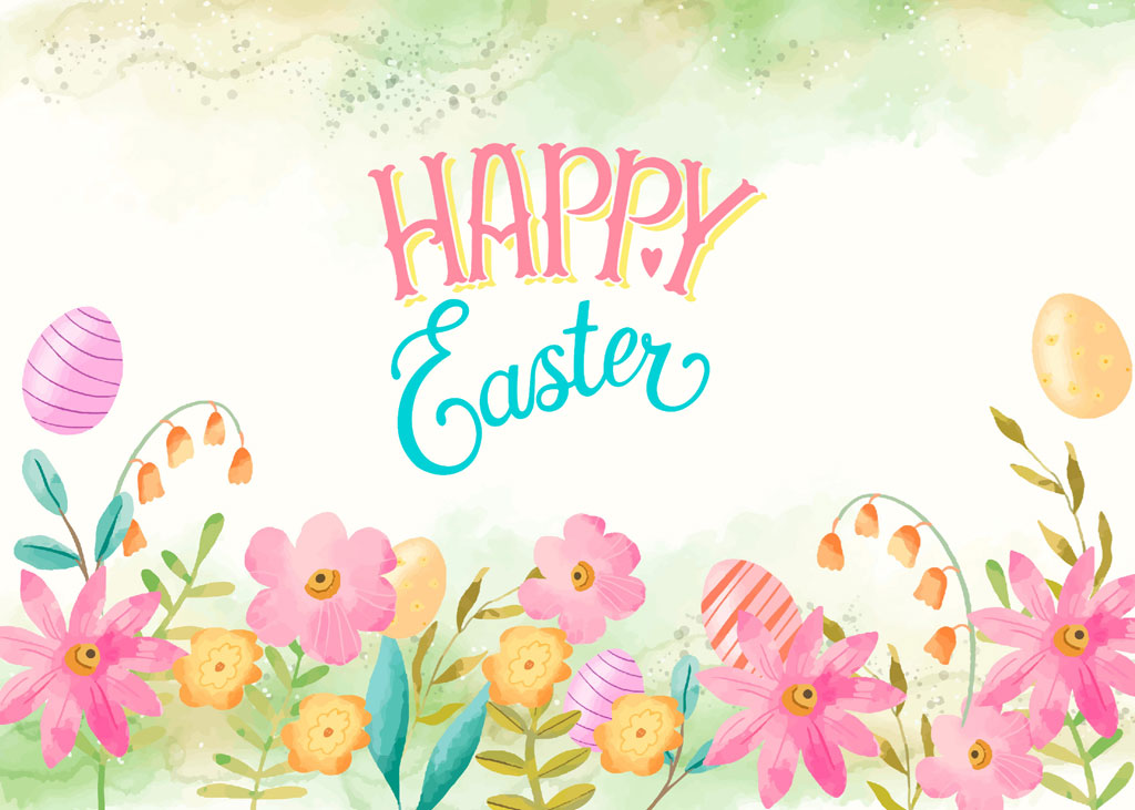 Happy Easter greeting with colorful flowers and eggs