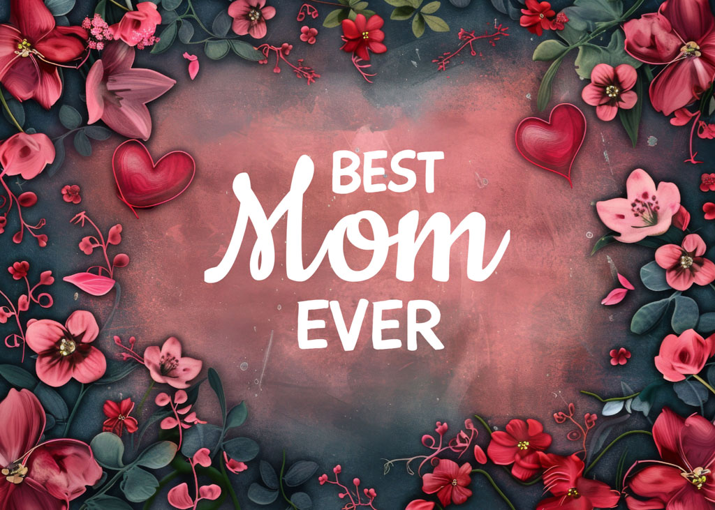 Floral frame with 'Best Mom Ever' text and red hearts