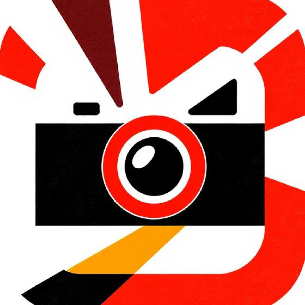 Stylized camera graphic with red accents