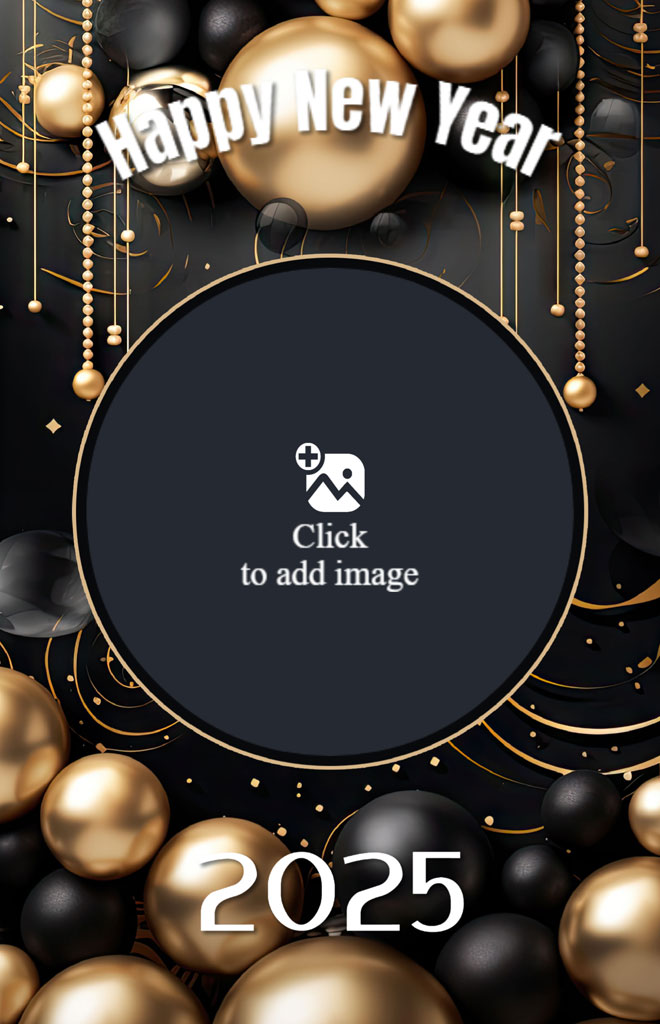 Happy New Year 2025 greeting card with gold and black ornaments