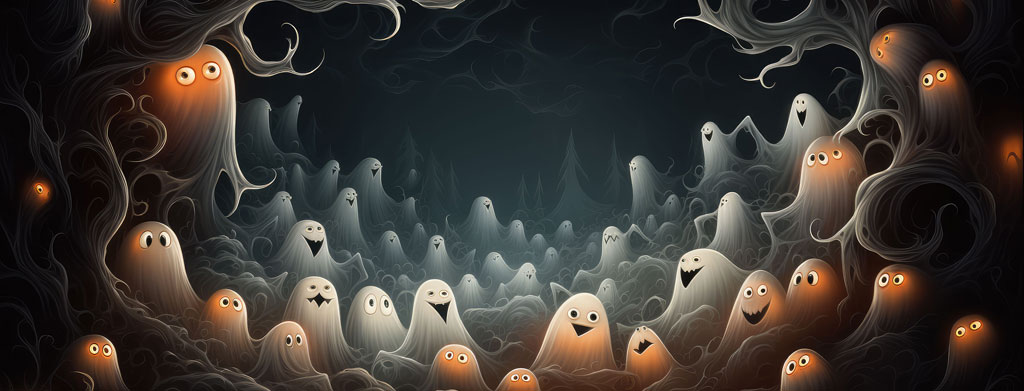 A dark forest filled with glowing ghostly figures
