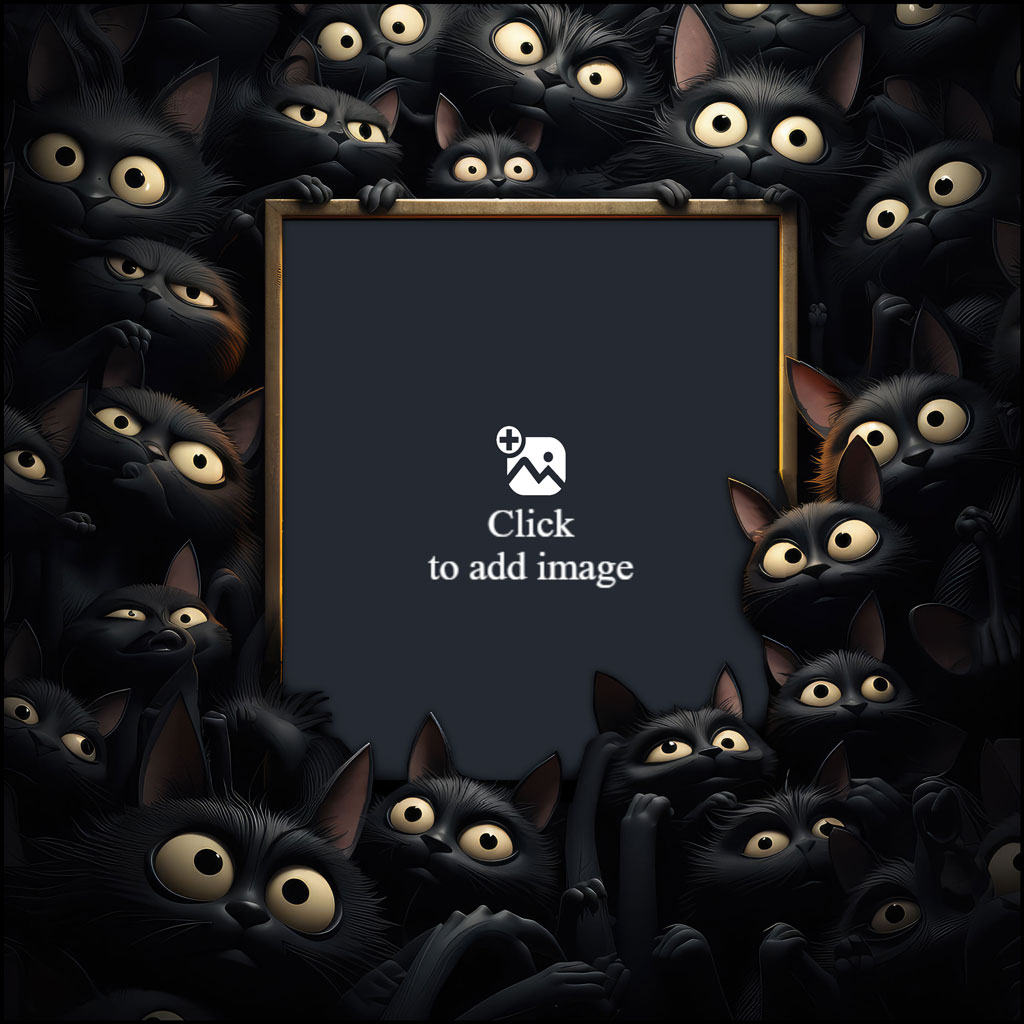 Multiple black cats with wide eyes surrounding a blank frame