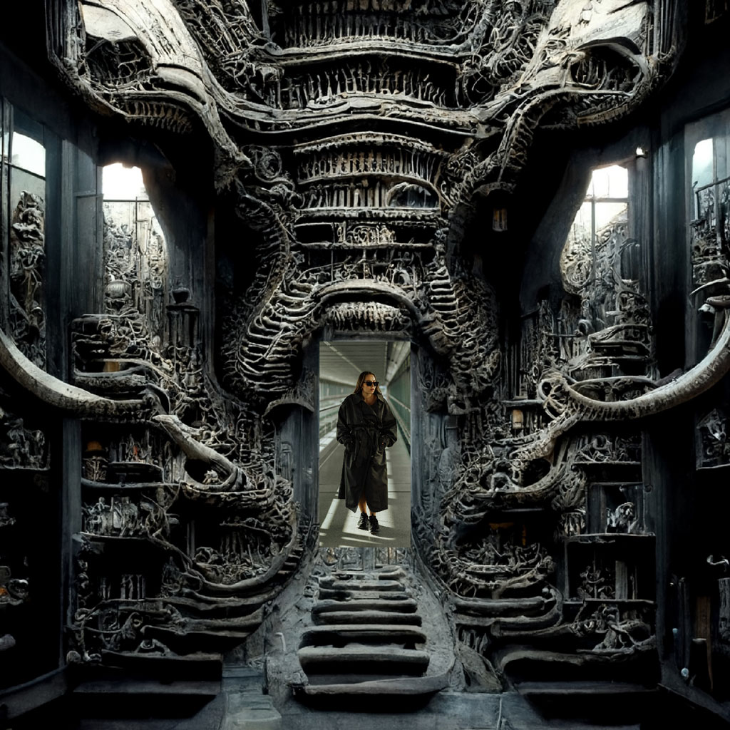 Man in dark robe standing on stairs in a surreal, intricately carved dark fantasy chamber