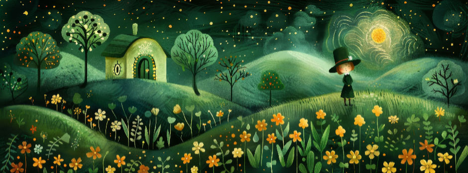 Illustration of a person in a hat standing in a field of flowers at night