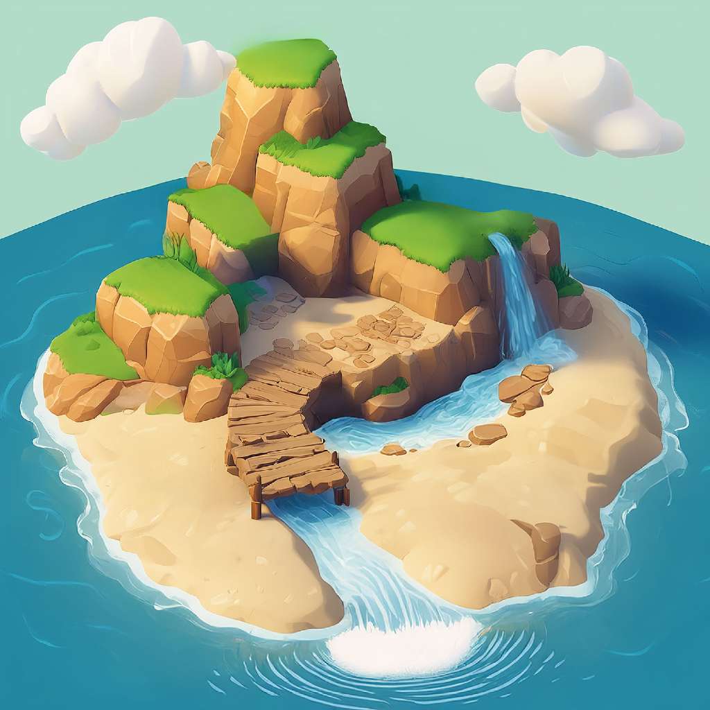 A cartoon island with a waterfall and wooden dock surrounded by ocean and clouds
