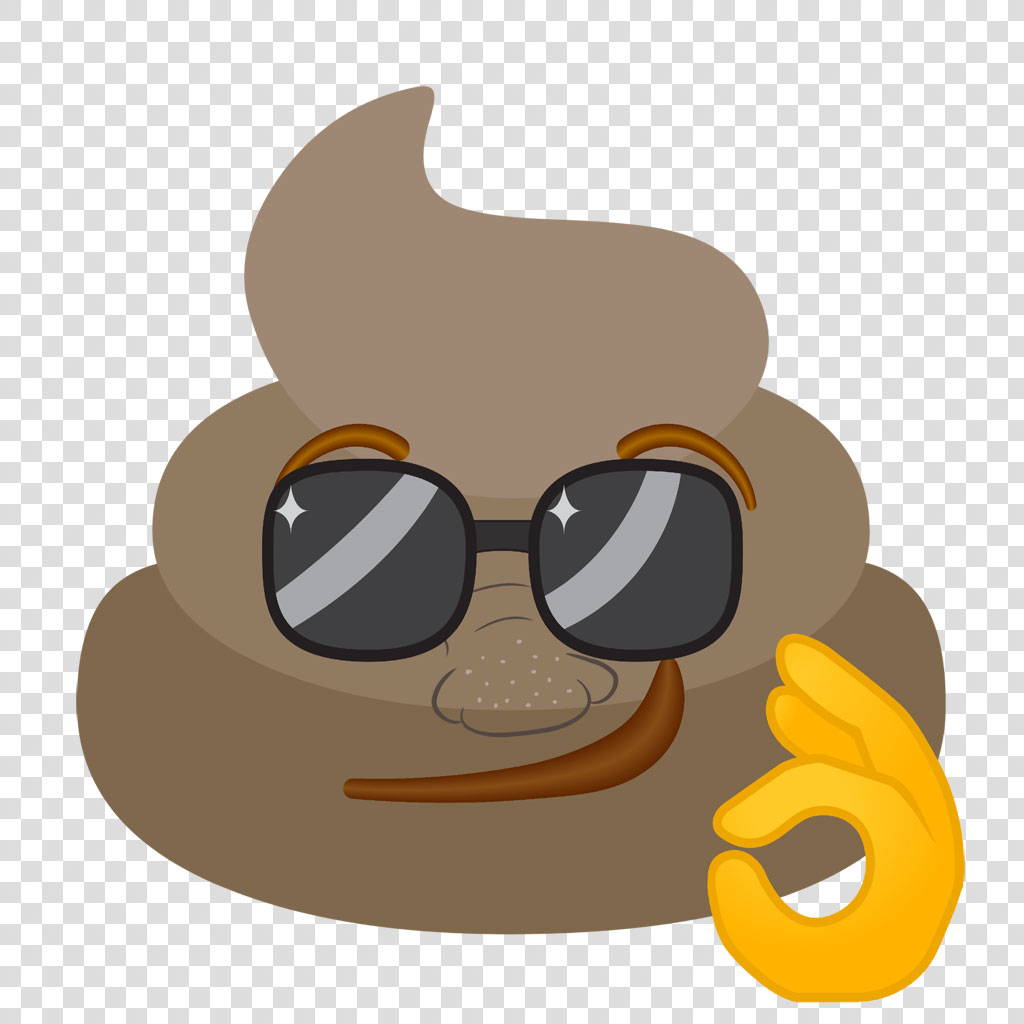 Cartoon poop emoji with sunglasses and thumbs up