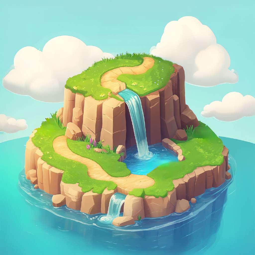 A cartoon island with a waterfall and greenery surrounded by water and clouds