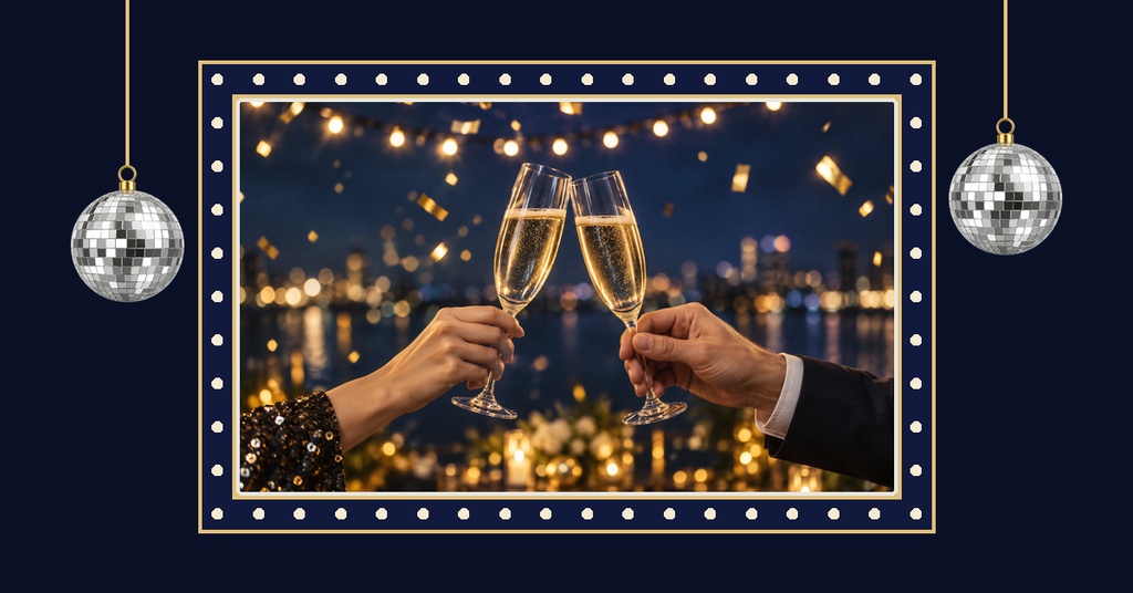 Two hands clink champagne flutes against a sparkling midnight celebration background with hanging disco balls.