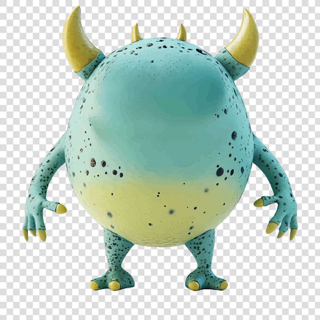 A turquoise and yellow monster figurine with horns and spotted body