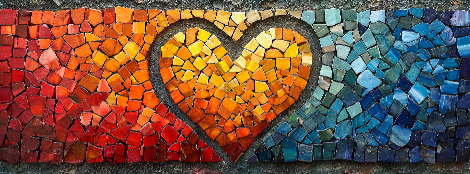Mosaic art piece with a heart shape in the center, transitioning from red to blue.