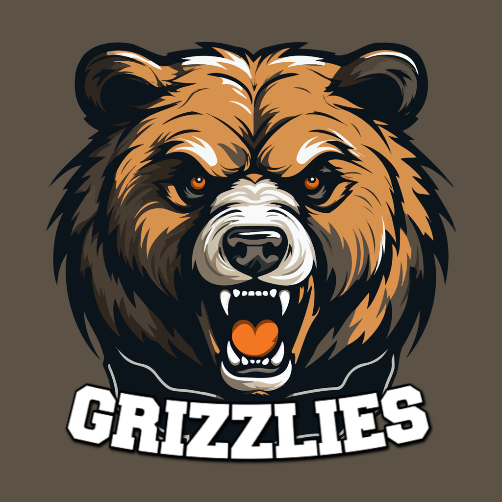 Grizzlies logo featuring a bear's head with an orange heart