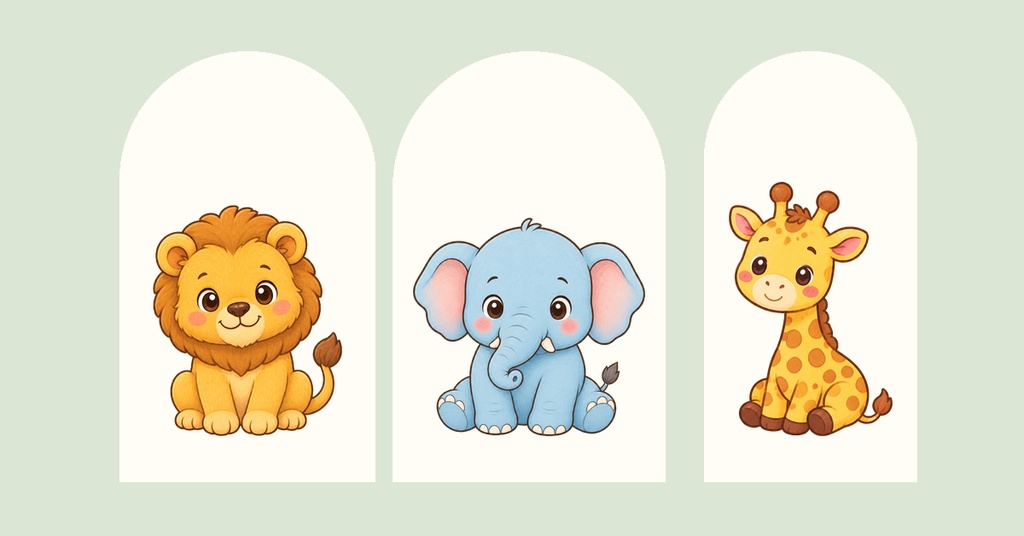 Three cute safari animals in arched panels on a soft sage background.