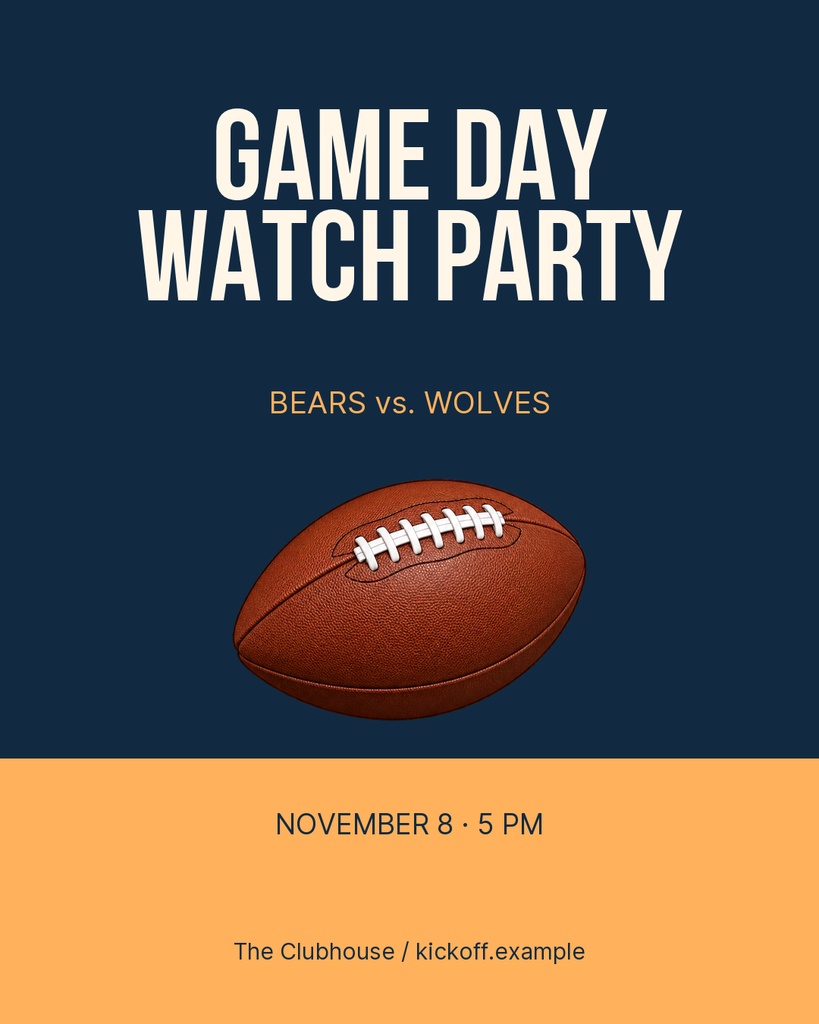 Portrait post template with Game Day Watch Party text, a football illustration, and navy and orange sections.