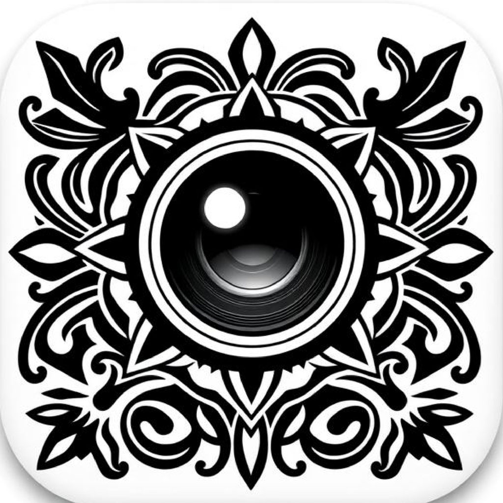 Ornate camera lens icon with floral design