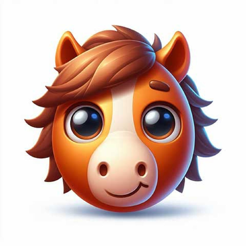 A yellow cartoon horse head with brown mane and blue eyes