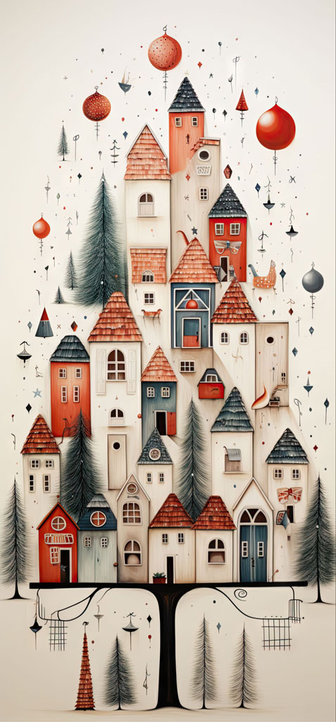 Illustration of a whimsical Christmas village with houses and ornaments on a tree