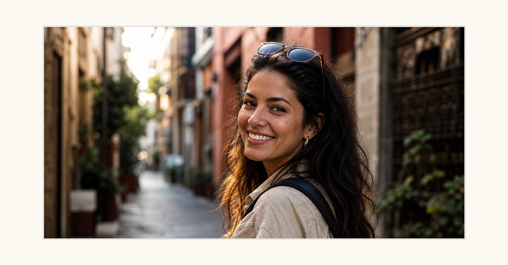 Smiling woman standing on a city street with blurred buildings in the background.