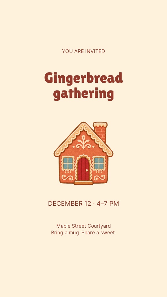 Portrait Instagram story template with gingerbread house illustration and holiday event details on a cream background.