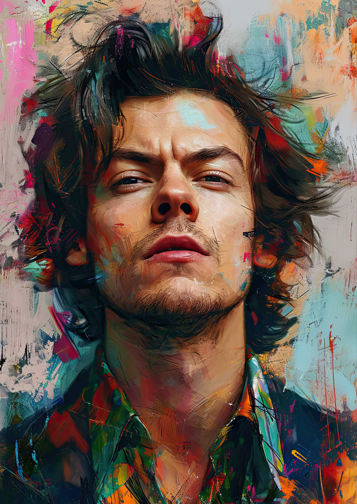 Harry Styles portrait with colorful abstract background