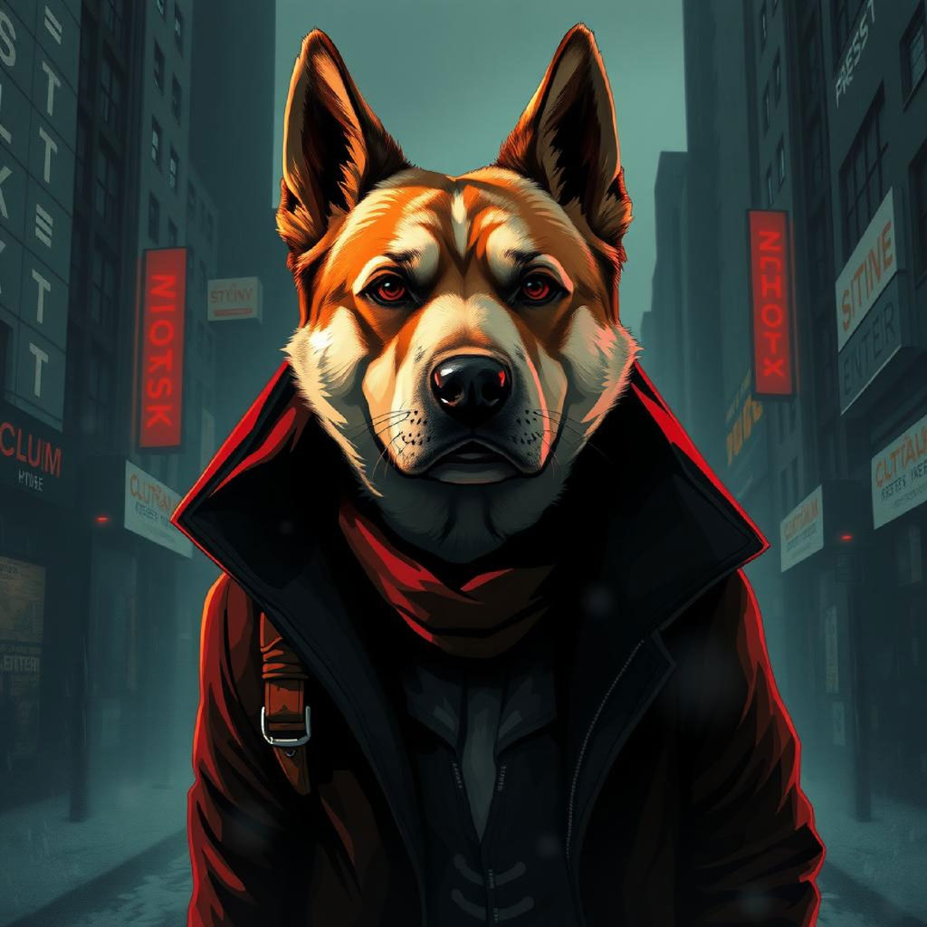 A man with dark hair and a red leather jacket stands in a city street with tall buildings and streetlights.