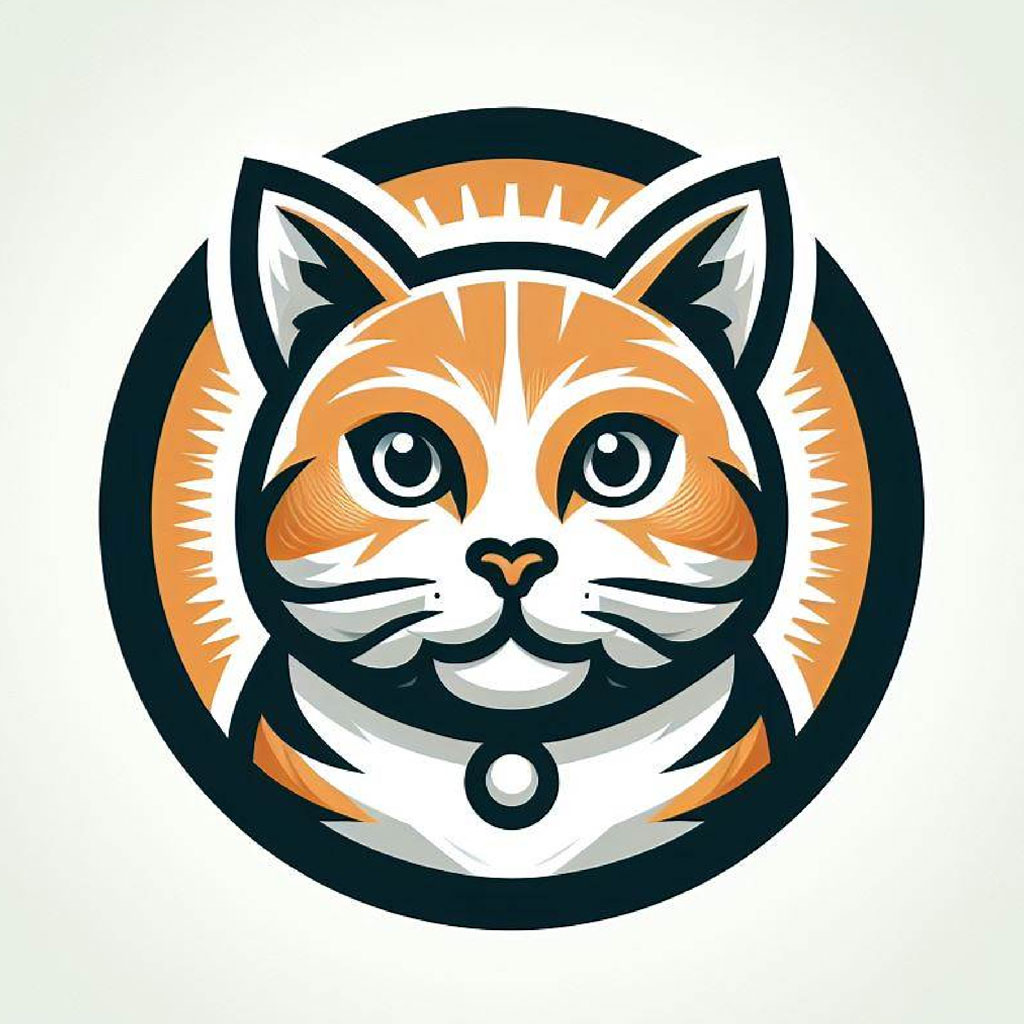 Illustration of a white cat with yellow eyes in a circular frame with stars