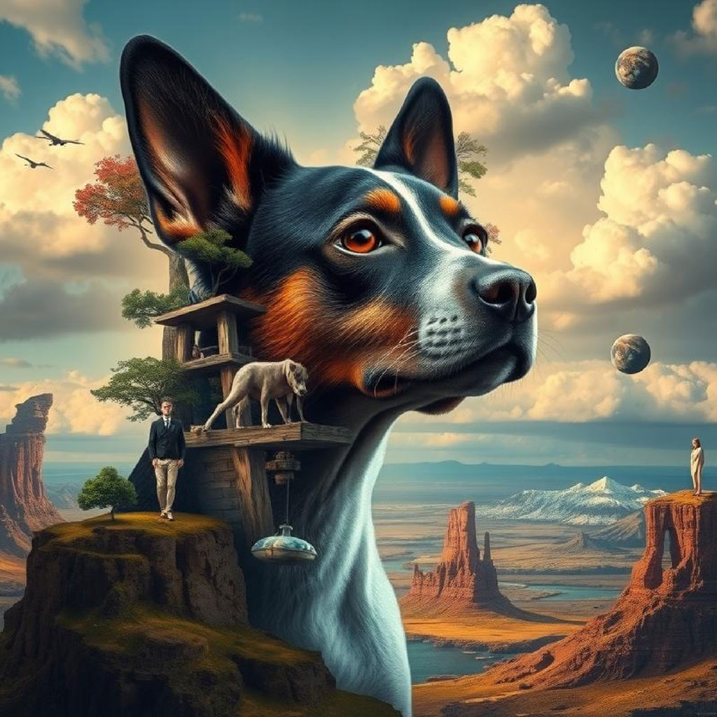 Surrealist artwork depicting a treehouse with a house and faces on a tree trunk, surrounded by floating objects and figures in a deserted, h