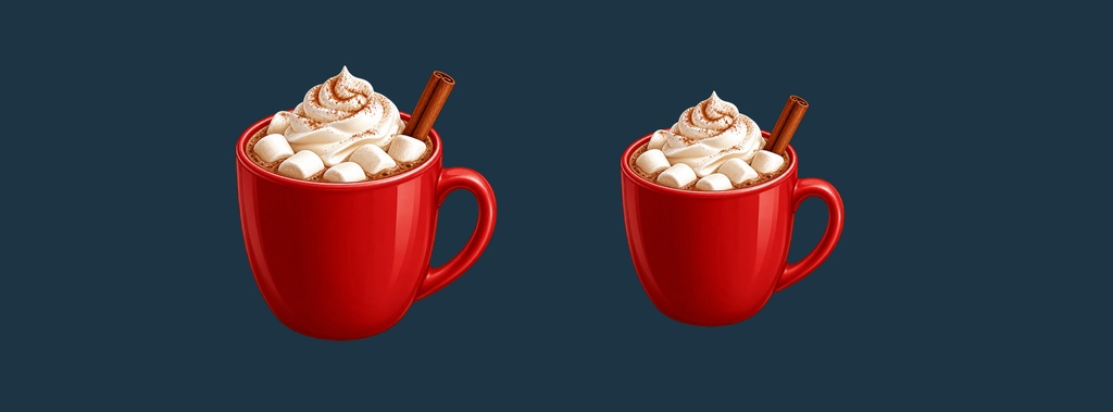 Two red mugs of hot cocoa topped with whipped cream and cinnamon sticks on a dark background.