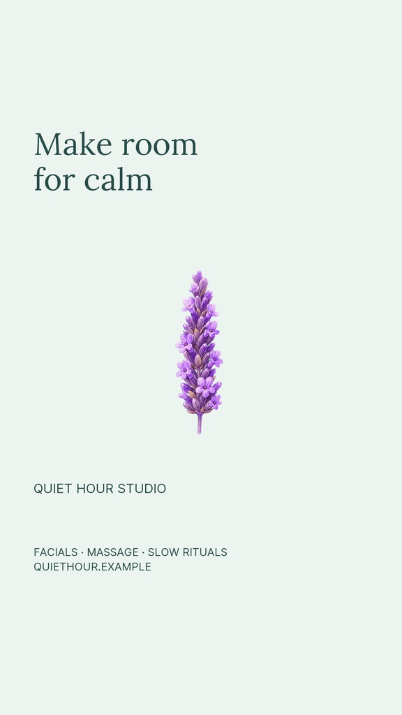 Minimal Instagram Story design with the words Make room for calm and a purple lavender flower on a pale background.