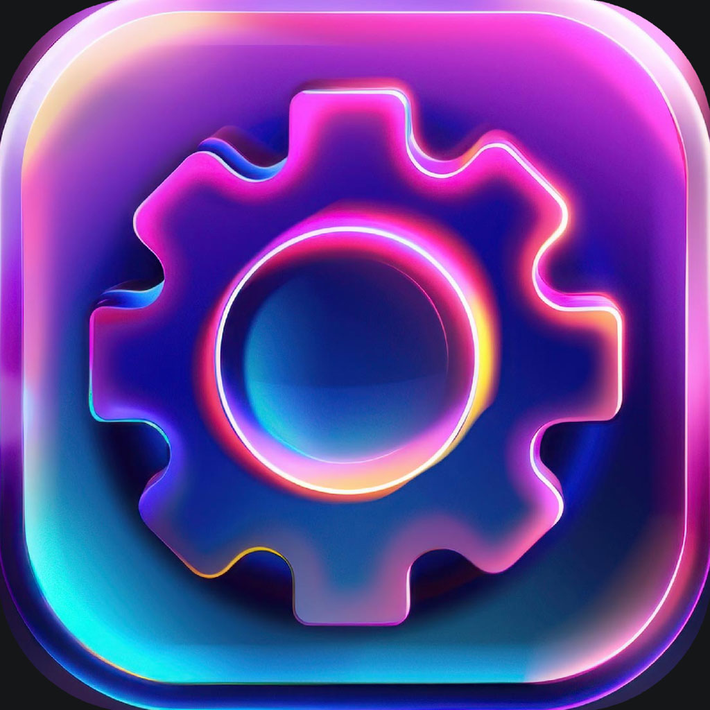 A gear icon with a neon effect in a square shape